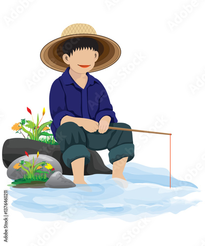 Obraz na płótnie The boy is sitting and fishing.vector design w salonie