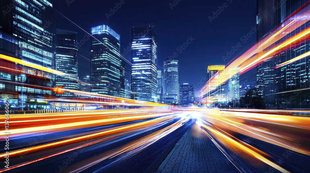 Fototapeta premium vibrant cityscape night showcasing illuminated skyscrapers and light trails from moving vehicles, creating dynamic urban
