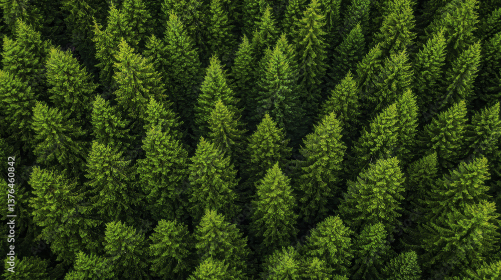 Lush green forest with dense coniferous trees from above, showcasing nature beauty and biodiversity Lush green forest with dense coniferous trees from above, showcasing nature beauty and biodiversity