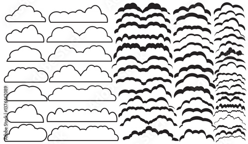 60 imaginary line drawing shapes of stratus clouds, cumulus, thick clouds, cartoons, anime, comic clouds, grass in white background, vectors