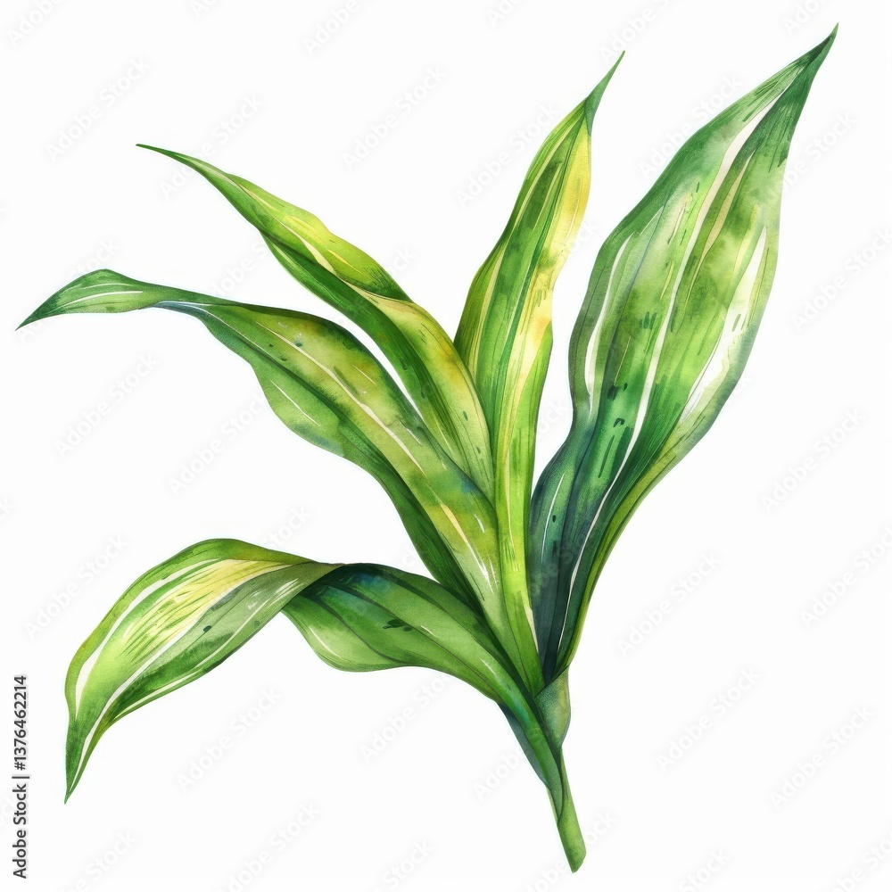 Vibrant watercolor depiction of spp leaf showcasing natural beauty and intricate details on a clean white background Vibrant watercolor depiction of spp leaf showcasing natural beauty and intricate details on a clean white background