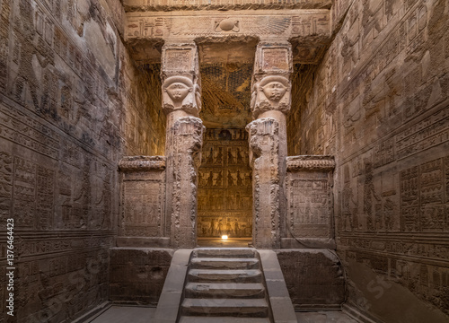 Interior of Hathor temple in Dendera, Qena, Egypt.