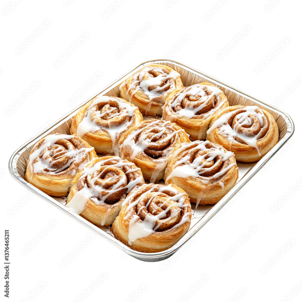 A Tray of Cinnamon Rolls with Icing Isolated on Transparent Background A Tray of Cinnamon Rolls with Icing Isolated on Transparent Background