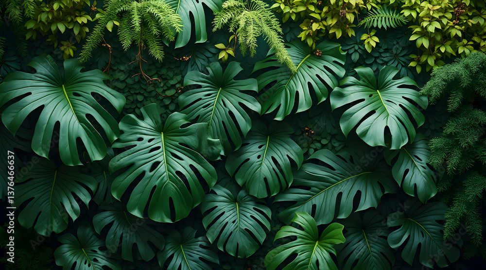 Lush Green Monstera Leaves and Foliage Background for Natural Design Lush Green Monstera Leaves and Foliage Background for Natural Design