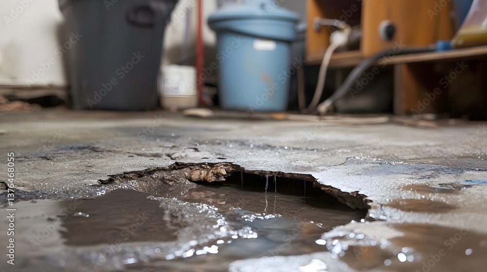 Decaying Floor: A close-up view reveals the harsh reality of a dilapidated floor, with a gaping hole, puddles, and signs of deterioration, suggesting the need for urgent repairs.