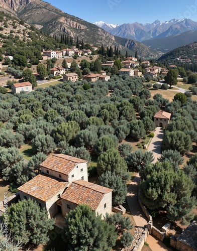 A picturesque village nestled in a green valley, surrounded by rolling hills and olive groves, with stone houses blending seamlessly into the natural landscape