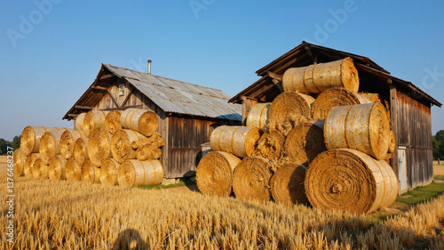 A rustic barn stands in a golden wheat field, its roof covered with stacks of neatly rolled hay bales, creating a picturesque scene of rural harvest