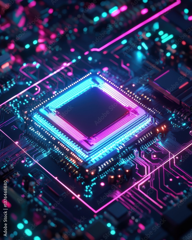 Circuitry: An abstract, close-up perspective of a vibrant, intricately detailed circuit board, with a glowing processor at its heart, symbolizing the cutting edge of technological innovation. Circuitry: An abstract, close-up perspective of a vibrant, intricately detailed circuit board, with a glowing processor at its heart, symbolizing the cutting edge of technological innovation.