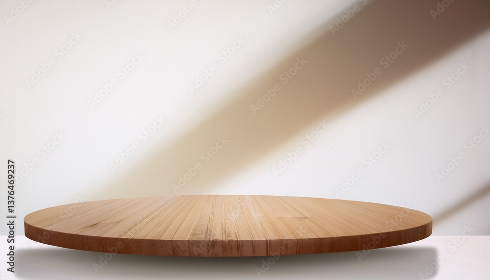 A high-resolution image of a round wooden table top with soft abstract shadows cast on a white wall background. The wood surface is smooth and polished, showcasing natural grain patterns and warm tone A high-resolution image of a round wooden table top with soft abstract shadows cast on a white wall background. The wood surface is smooth and polished, showcasing natural grain patterns and warm tone
