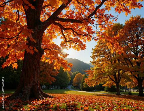Autumns Golden Carpet Maple Trees in Full Color, Sunlight Shining Through, Leaves Blanketing the Ground, Park Setting