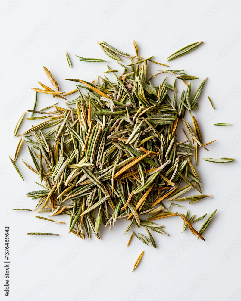 Detailed close-up of dried rosemary showcasing textures against a white background.