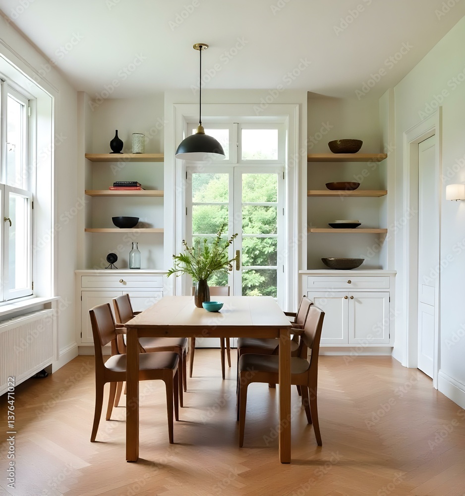 A dining room with a wooden table and chairs , a built-in shelf with decorative objects , and a herringbone wood floor A dining room with a wooden table and chairs , a built-in shelf with decorative objects , and a herringbone wood floor