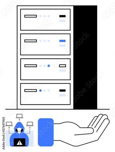 Data servers with hacker icon connected to computer nodes, representing cyber threats intercepted by an outstretched hand. Ideal for security, technology, cyber threats, data protection, server