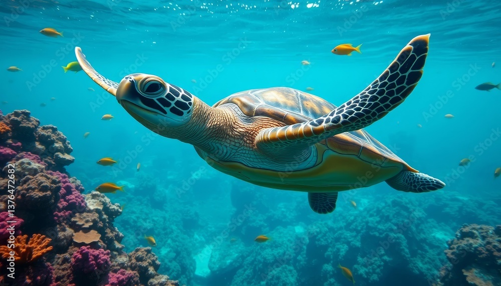 Obraz premium A Majestic Sea Turtle Gracefully Navigates Vibrant Coral Reefs, Surrounded by a School of Small Fish in a Crystal-Clear Ocean