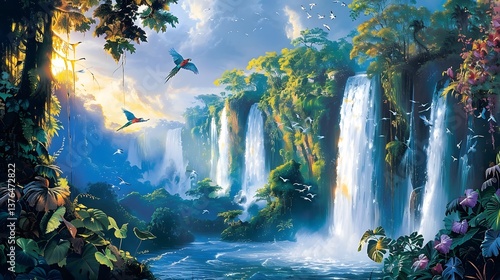 The canvas reveals a roaring waterfall deep in the Amazon, parrots soaring overhead, vines cascading over mossy cliffs, raw beauty