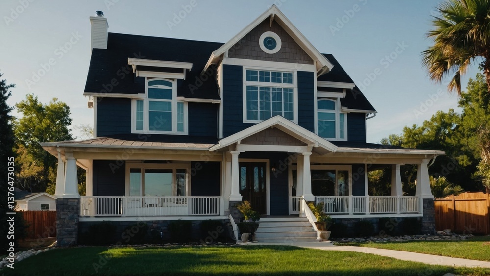 Elegant two-story house with a welcoming porch, well-manicured lawn, and traditional design under a clear sky Elegant two-story house with a welcoming porch, well-manicured lawn, and traditional design under a clear sky