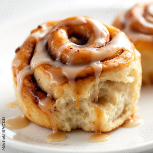 A detailed close-up of a warm, freshly baked cinnamon roll with a glossy icing drizzled on top, resting on a white plate. 