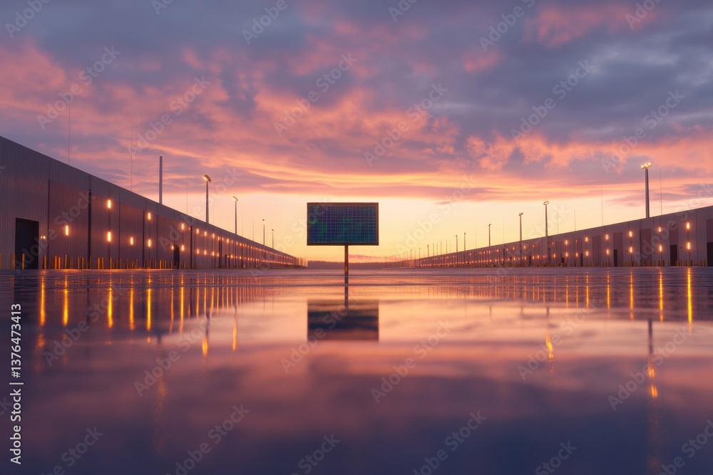 Fototapeta premium Futuristic Eco-Logistics Minimalist Solar Warehouse Design with Carbon Tracking Interface - Sustainable Innovation in Smart Industrial Infrastructure