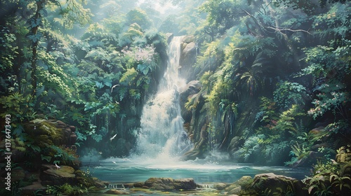 A breathtaking Amazonian scene showcasing a powerful waterfall, colorful parrots, dense vines, and moss-covered cliffs