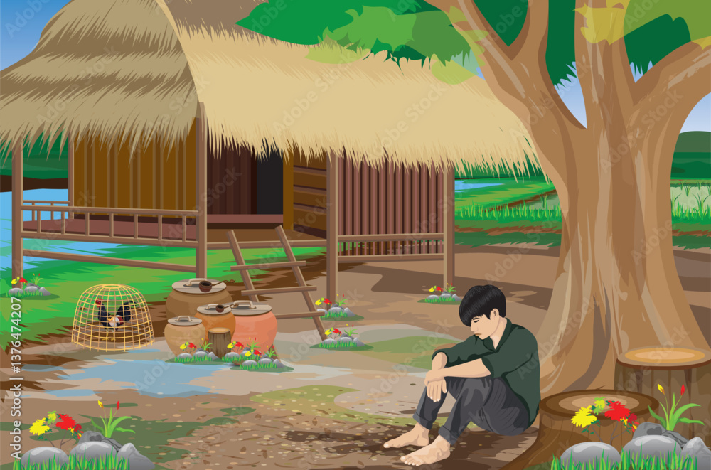 A young country man sits hugging his knees, grieving under a big tree in front of a straw hut.