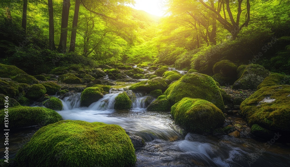 Lush forest stream cascading over mossy rocks. Sunlight streams through the trees Lush forest stream cascading over mossy rocks. Sunlight streams through the trees