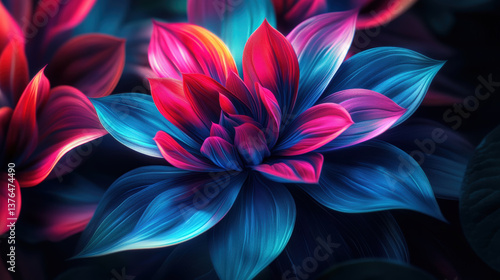 Vibrant Flower Display. Vibrant flowers in a stunning display of color and light, showcasing shades of blue, red, and pink, on a dark backdrop.