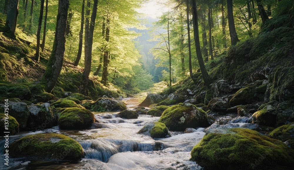 Sunlit forest stream flowing through mossy rocks. Lush greenery, sunlight filtering through trees Sunlit forest stream flowing through mossy rocks. Lush greenery, sunlight filtering through trees