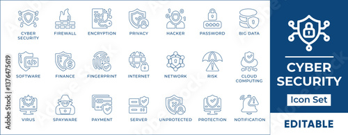 Cyber security line icon set featuring data protection, privacy, encryption, firewall, antivirus, hacking prevention, authentication, cloud security, and digital safety.