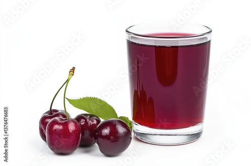 Wallpaper Mural Refreshing cherry juice in clear glass with fresh cherries and green leaves against white background Torontodigital.ca