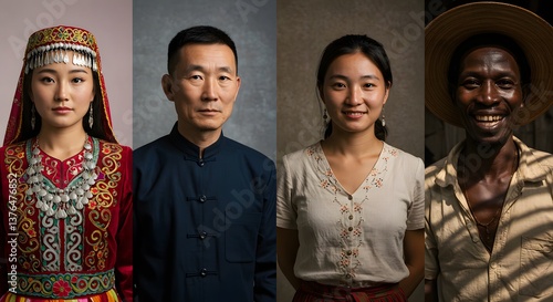 Portraits of Cultural Diversity: A captivating collection of four individuals, representing various cultural backgrounds, each exuding unique charm and showcasing the beauty of human diversity.