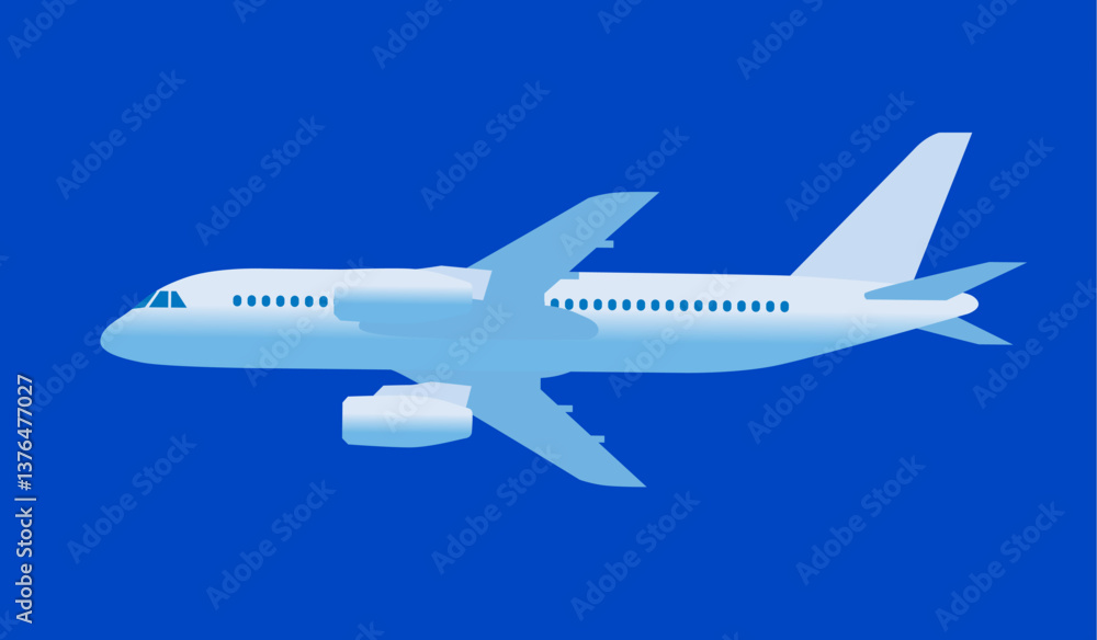 Flying white modern passenger airplane isolated on blue background. Vector illustration Flying white modern passenger airplane isolated on blue background. Vector illustration