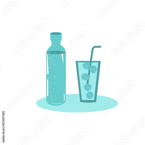 Clean water in a bottle and glass with ice cubes and bubbles. 