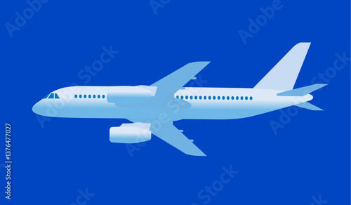 Flying white modern passenger airplane isolated on blue background. Vector illustration