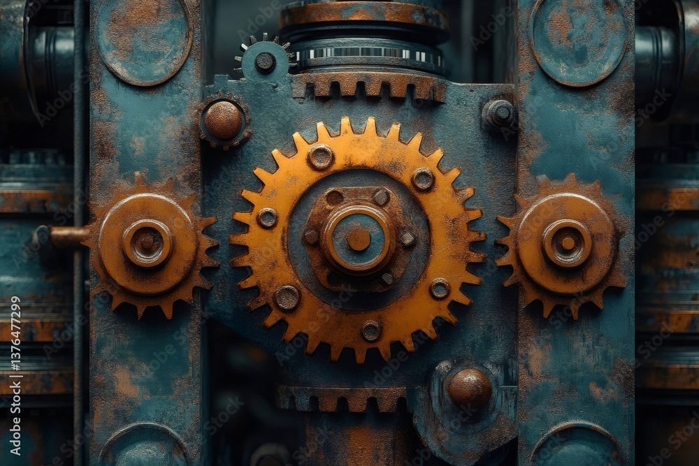 Rusty gears rotating in a complex industrial machine Rusty gears rotating in a complex industrial machine