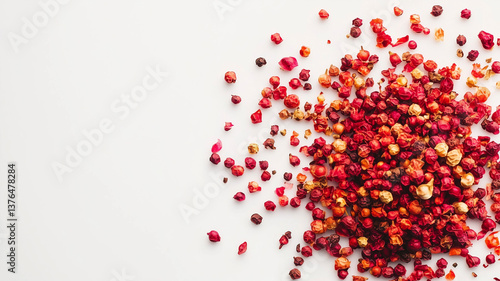 A stunning close-up of Szechuan pepper showcasing rich details and colors on a white backdrop.