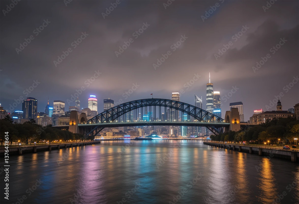 Obraz premium A high-resolution cityscape featuring an iconic bridge leading into a vibrant downtown area.