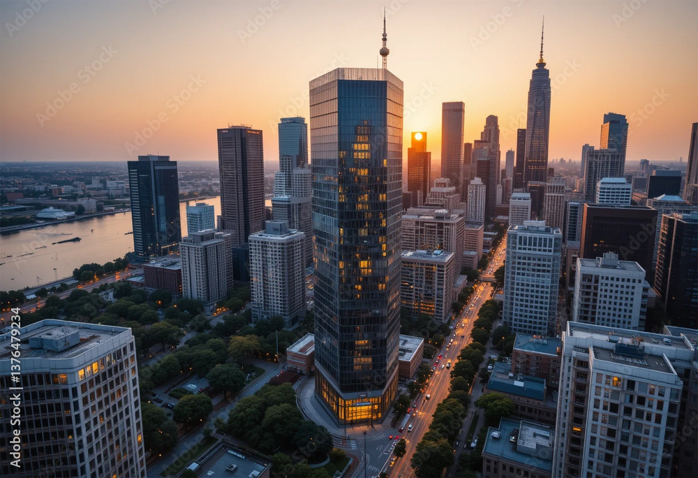 Obraz premium A stunning aerial view of a modern city skyline during golden hour, with skyscrapers reflecting the warm hues of the setting sun.