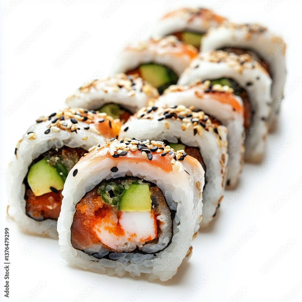 Detailed close-up of sushi rolls on a clean white background emphasizing freshness. Detailed close-up of sushi rolls on a clean white background emphasizing freshness.