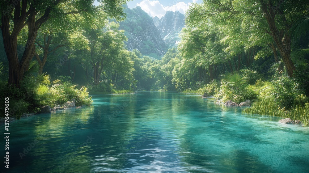 Fototapeta premium Serene river flows through lush green valley, sunlight filtering through leaves