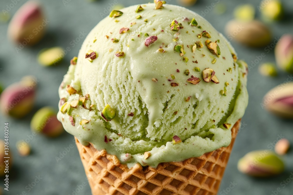 Delicious pistachio ice cream melting in waffle cone on grey table
