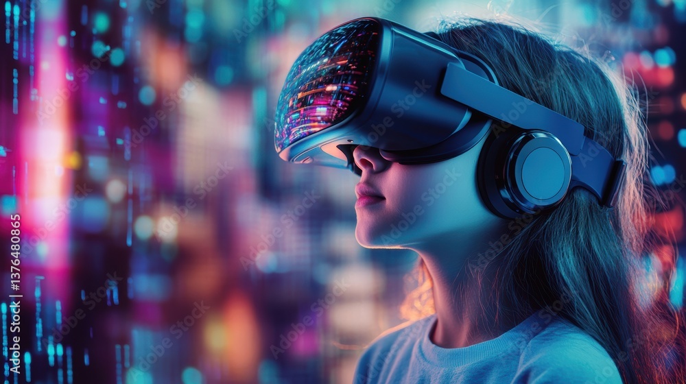 Immersive Virtual World: A young girl is immersed in a virtual reality experience, wearing a headset and exploring a vibrant digital environment, the future of interactive entertainment. Immersive Virtual World: A young girl is immersed in a virtual reality experience, wearing a headset and exploring a vibrant digital environment, the future of interactive entertainment.