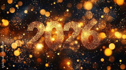 2026 Happy New Year greeting card, number 2026 made of glitter and golden glowing festive lights, blurred bokeh background