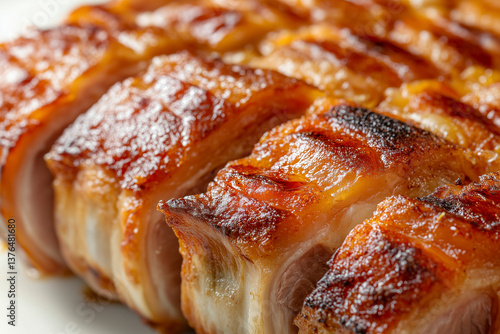 Close-up focusing on the crispy skin of the Lechon against a white background.