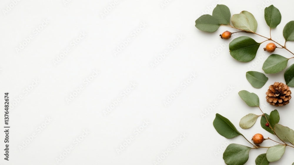 Naklejka premium Green Leaves and Pine Cones on White Background