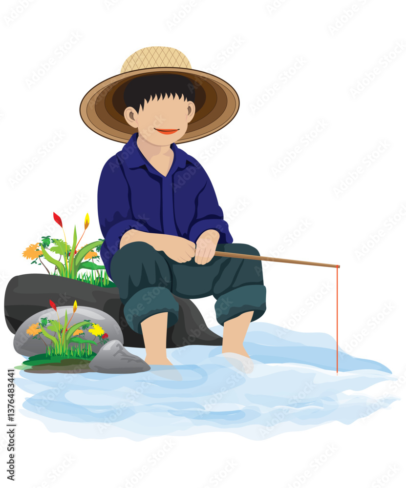 The boy is sitting and fishing.vector design