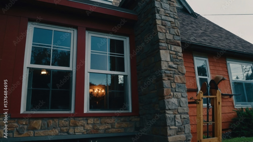 Obraz premium Exterior of a house with stone chimney and a wooden duck decoy decoration near windows