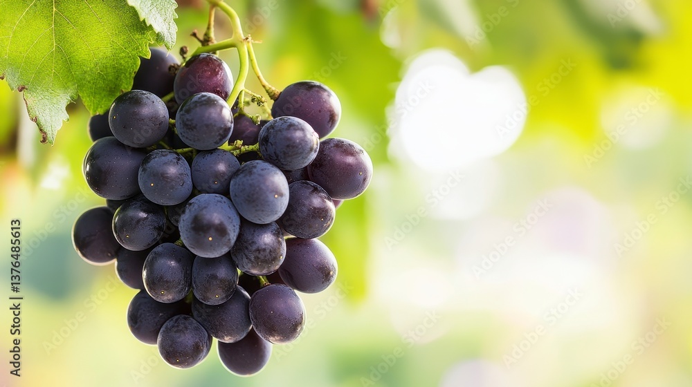 Ripe Dark Purple Grapes on Vine with Water Droplets Ripe Dark Purple Grapes on Vine with Water Droplets
