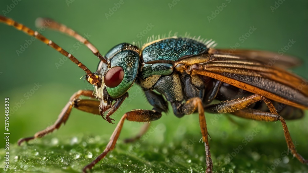Fototapeta premium Detailed View of Soldier Fly on Leaf with Water Droplets