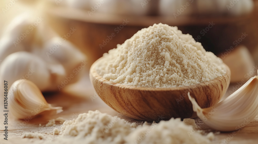 Captivating close-up of garlic powder emphasizing its texture on a pristine white background. Captivating close-up of garlic powder emphasizing its texture on a pristine white background.