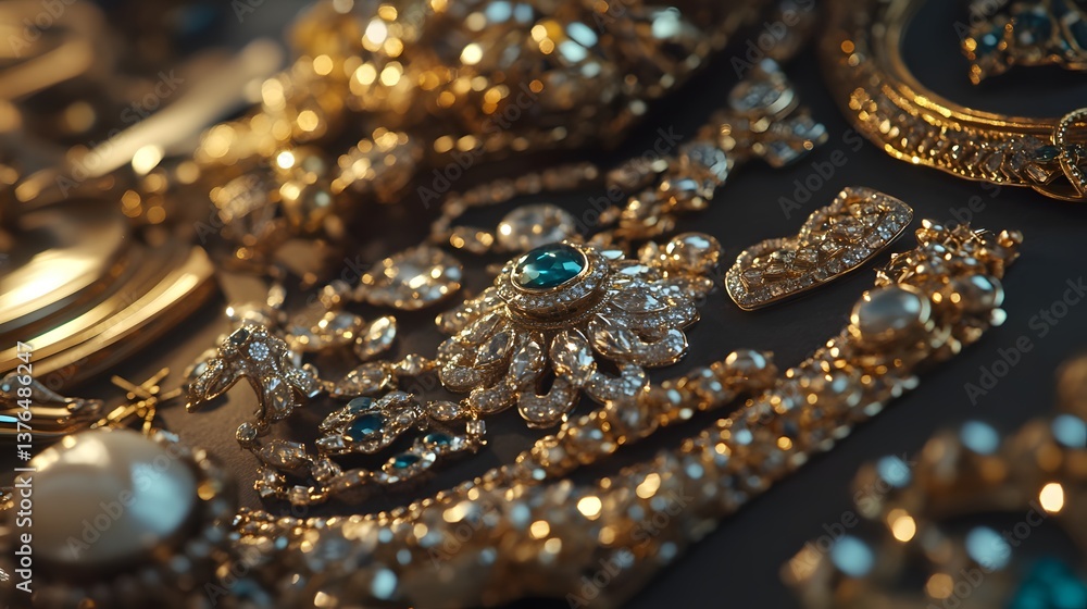 Elegant Close-Up View of Various Jewelry Pieces Displayed on Table Elegant Close-Up View of Various Jewelry Pieces Displayed on Table